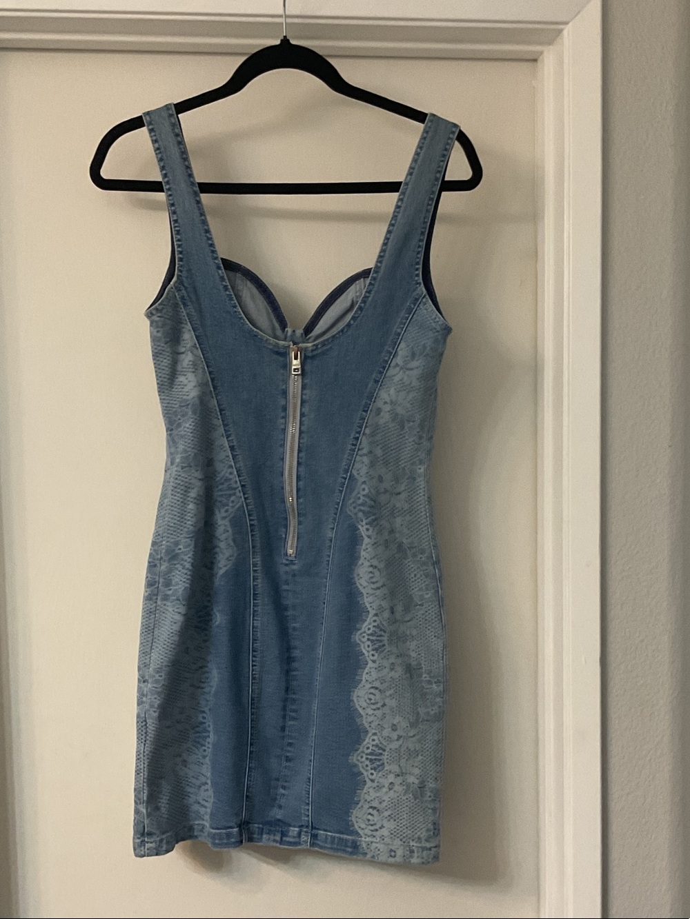 Guess Blue Denim Mini Dress with Lace-Effect Panels - Picture 5 of 6